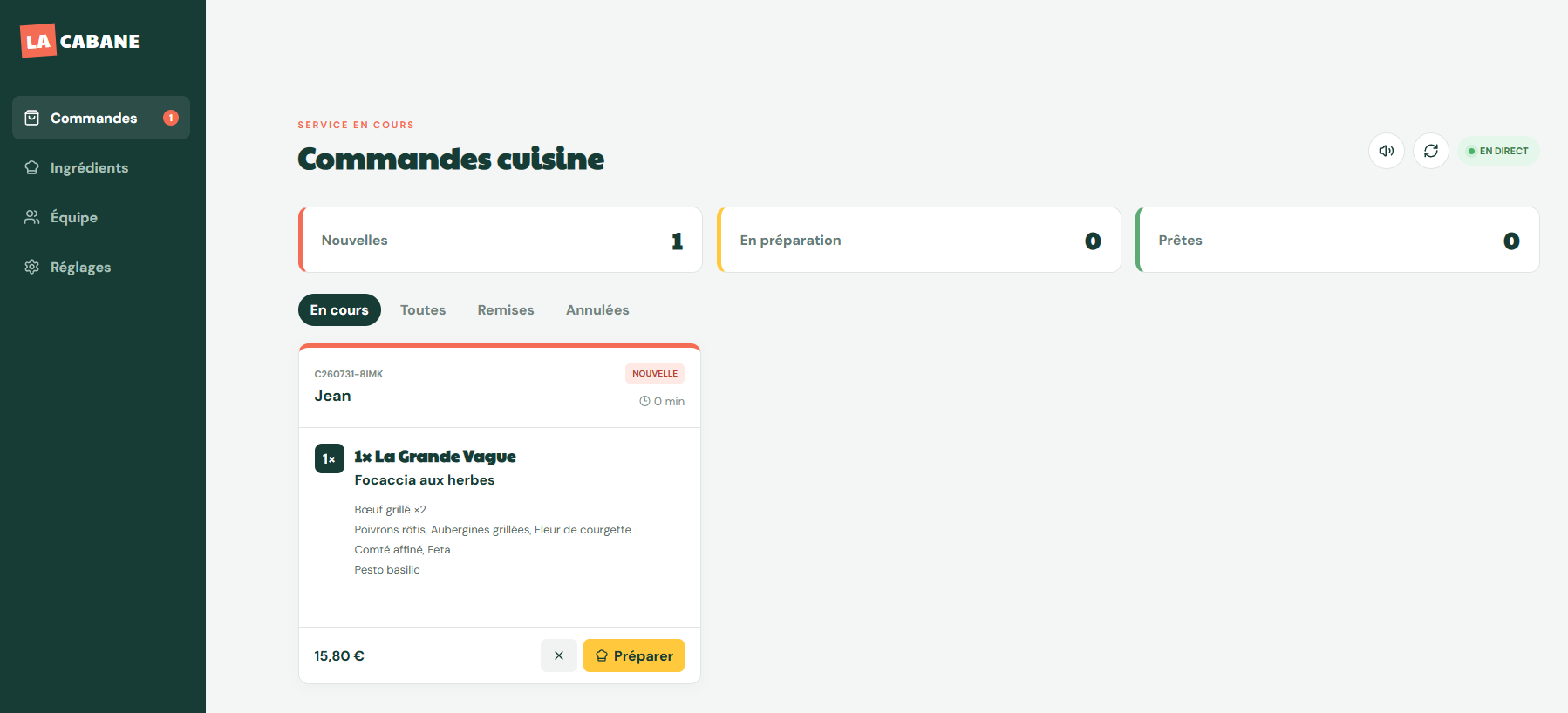 Tableau de bord de gestion des commandes réalisé pour le restaurant La Cabane