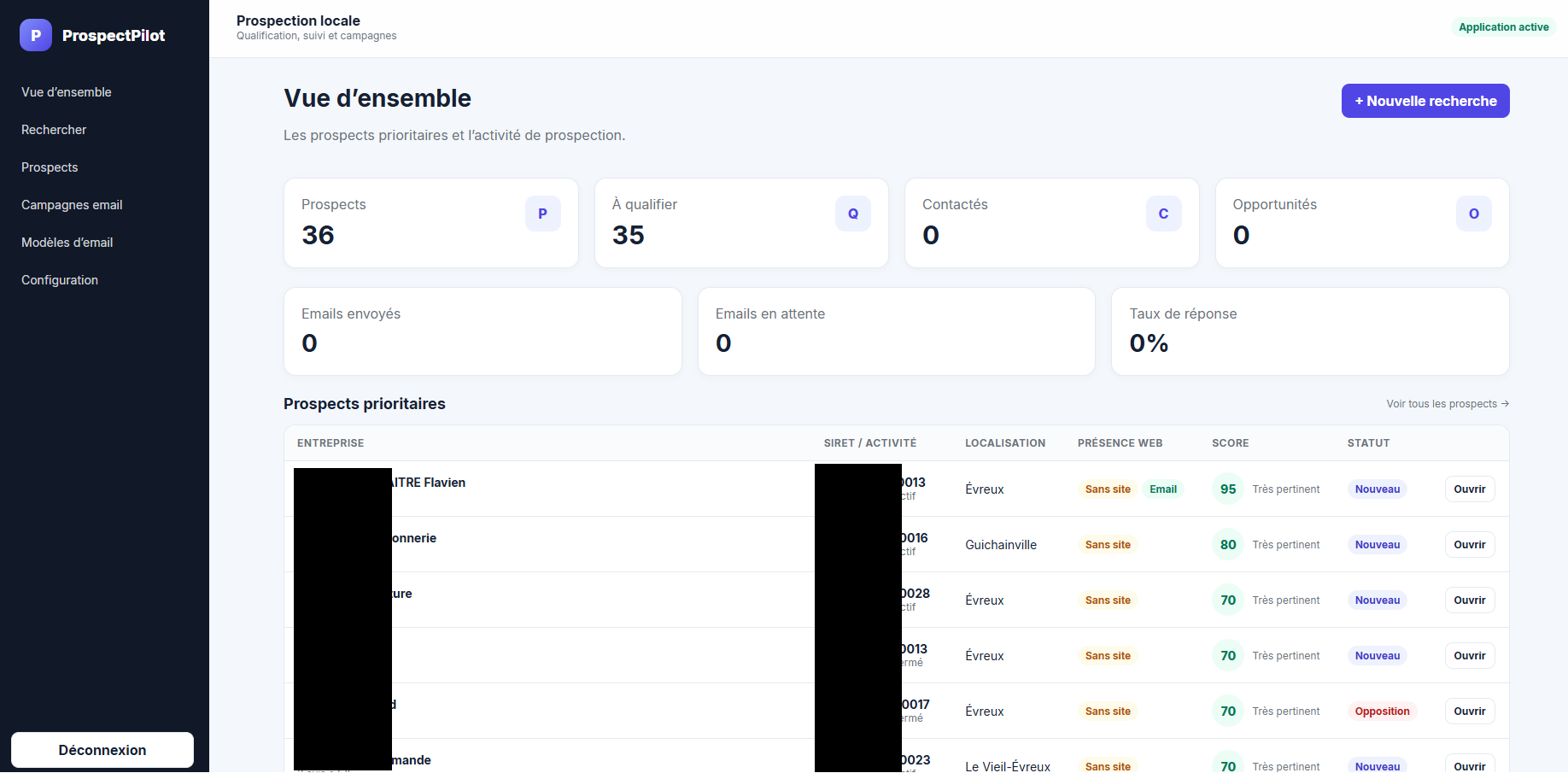 Aperçu du projet Recherche de prospects - ProspectPilot